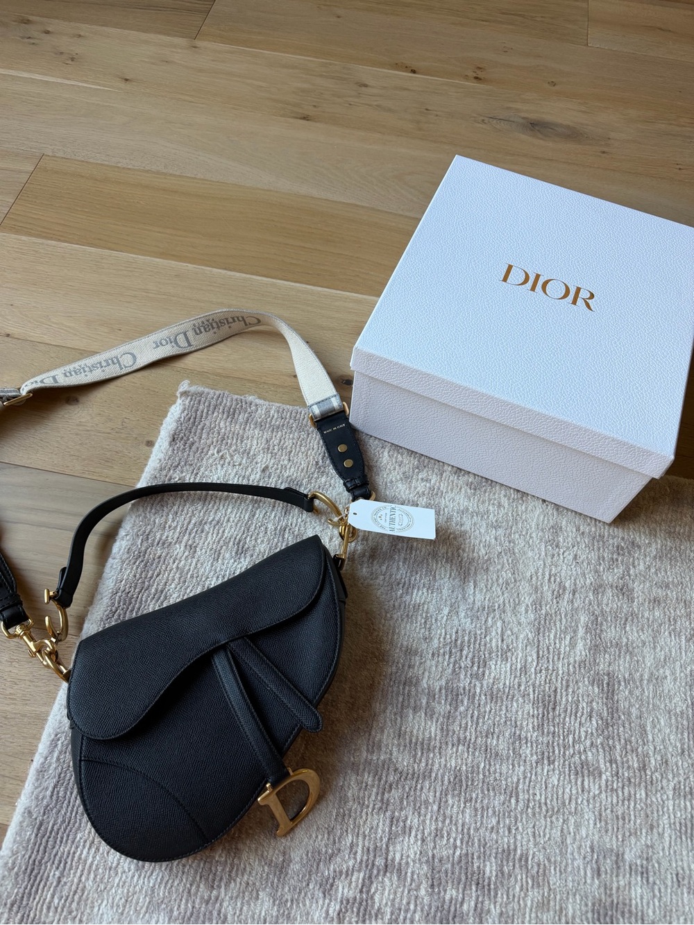 Dior Black Saddle Crossbody with Cream Logo Strap